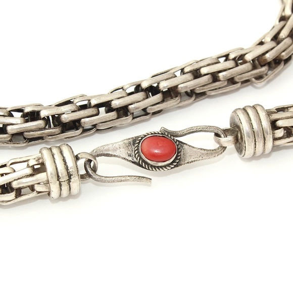 Vintage Red Coral Sterling Silver Woven Rope Chain Necklace Thick Heavy 72 Grams - Picture 5 of 5